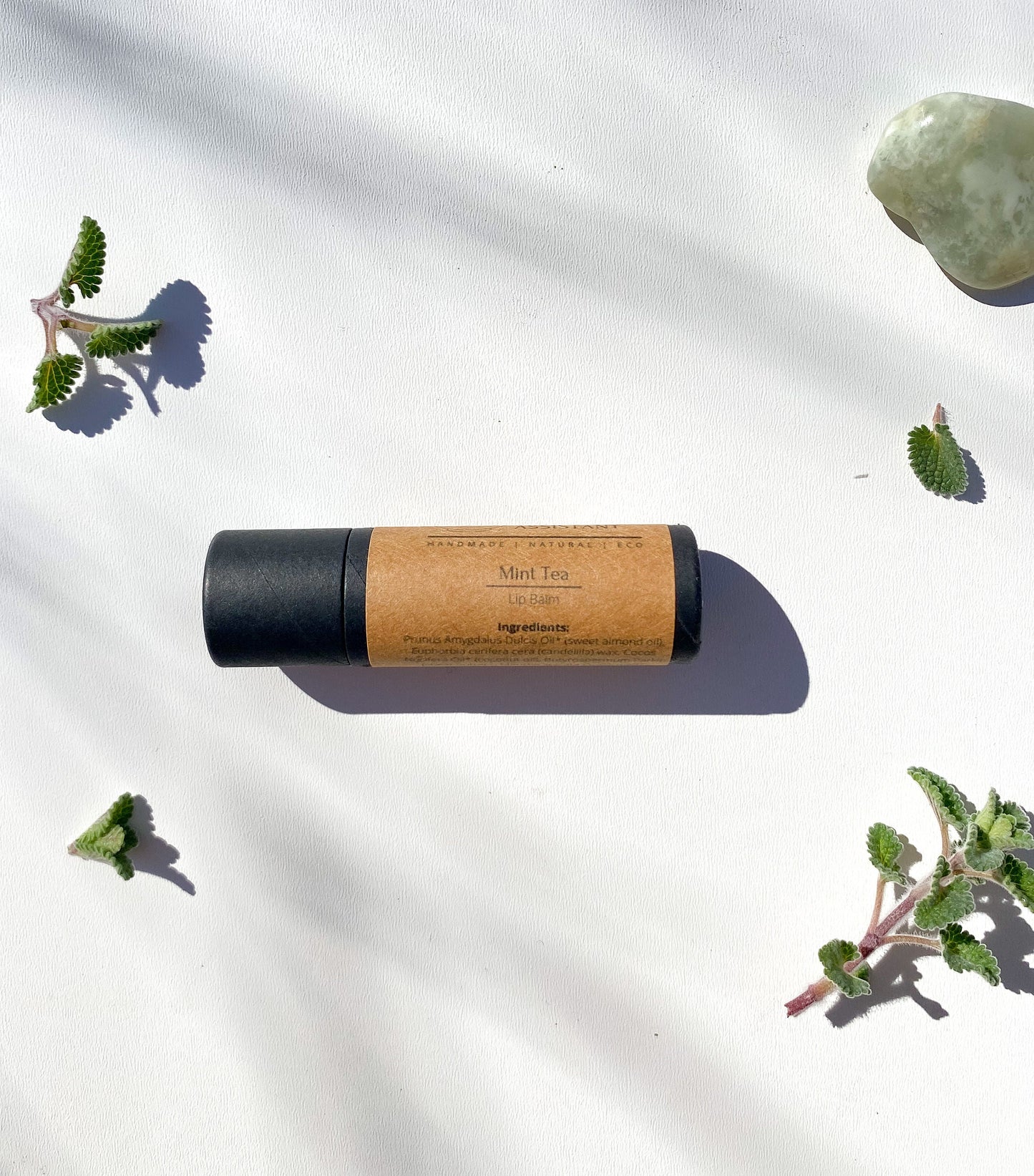Mint Lip Balm with Jade Crystal and mint leaves